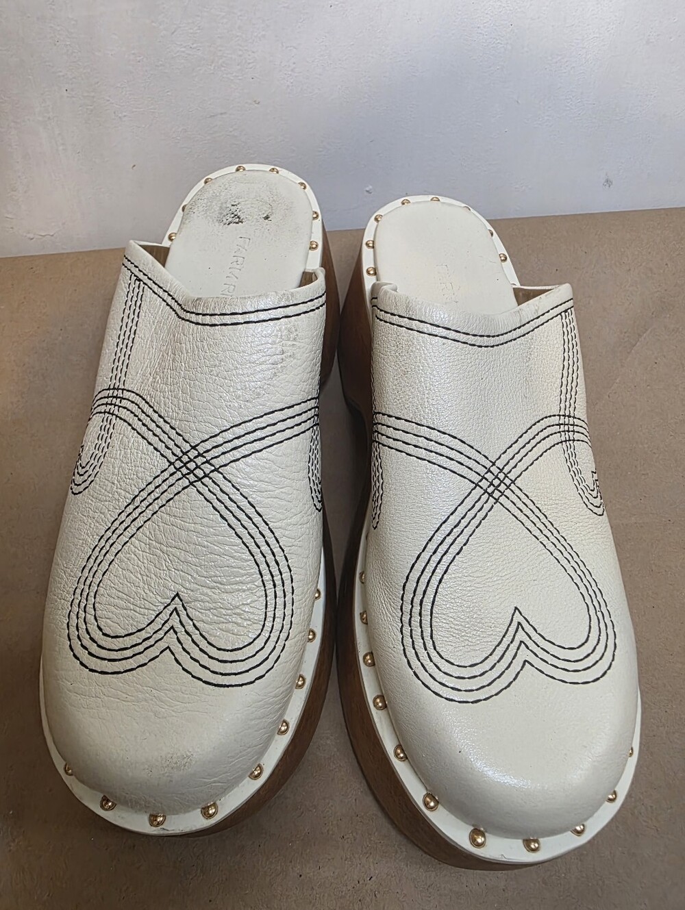 FARM Rio Cream Leather Studded Clogs with Black Stitching